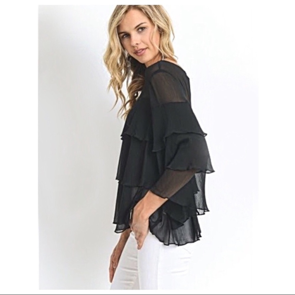 Sheer Multi Tiered Ruffle Angel Sleeve Blouse